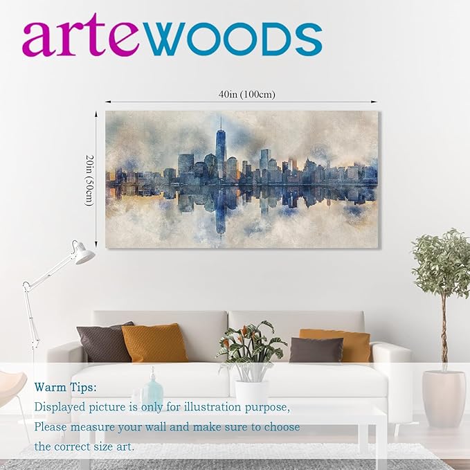 New York City Canvas Wall Art Navy Blue Pictures Abstract Paining City Reflection in Water Canvas Painting Modern City Skyline Canvas Prints Artwork for Living Room Bedroom Office Wall Decor 20" x 40"