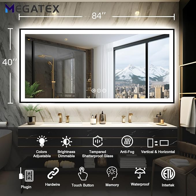 84x40 Large Light up Bathroom Mirror, Wall-Mounted LED Vanity Mirrors, Black Trim and Double Lights, 3 Colors and Stepless Dimming, Anti-Fog, Memory, Shatterproof (Horizontal/Vertical)