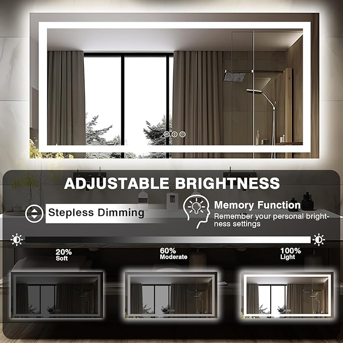 60"x28" LED Bathroom Mirror for Wall, Front and Backlit, Anti-Fog Vanity With Lights, Stepless Dimmable, 3 Colors Smart (Horizontal/Vertical)