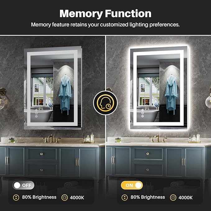 24"x36" LED Bathroom Mirror with Lights, Backlit & Front Lit, Anti-Fog Lighted Bathroom Vanity Mirror for Wall, Memory Function, Dimmable, HD Tempered Glass, Shatter-Proof