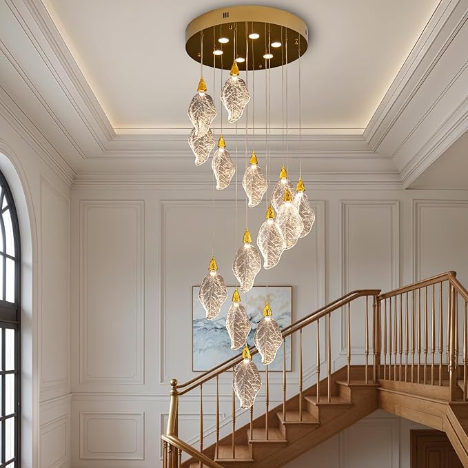Modern Staircase Chandelier, 20-Lights LED Large Chandeliers for High Ceilings,H78 Long Staircase Lights, Platinum Leaf Foyer High Cailings Lights,Unique Light Fixture for Foyer Entryway