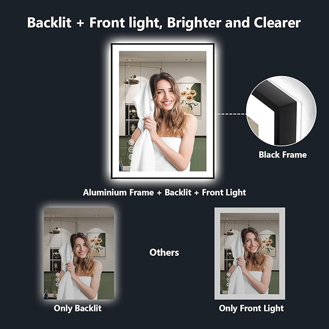 24x30 Inch LED Bathroom Mirror with Lights (Front Lit and Backlit) Black Framed Lighted Vanity Mirror for Bathroom Wall Dimmable Anti-Fog Memory Tempered Glass Horizontal/Vertical