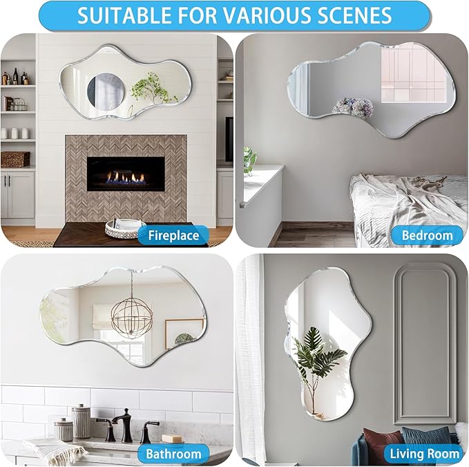 36 x 24 Inch Asymmetrical Cloud Mirror, Modern Irregular Wavy Wall Mirror, Beveled Edge Frameless Mirror for Living Room, Bathroom, Bedroom, Entryway