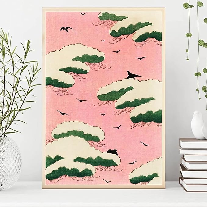 OZCONO Japanese Art Wall Print, Pink Sky with Birds and Trees, Vintage Style Minimalist Decor (40L x 27W)