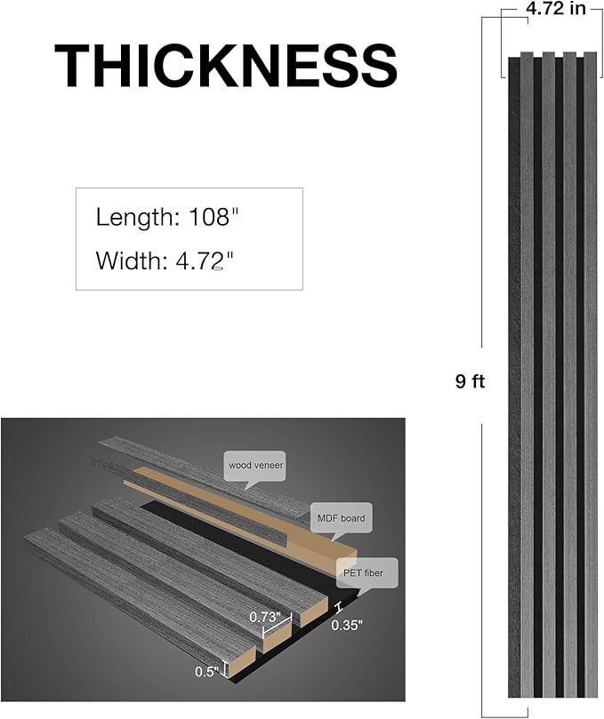 NeatiEase Wood Wall Panels, 9 Feet Acoustic Slat Wall Panels for Interior Wall Decor and Noise Reduction, Decorative Slat Wall Paneling, Dark Gray Oak, 6-Piece