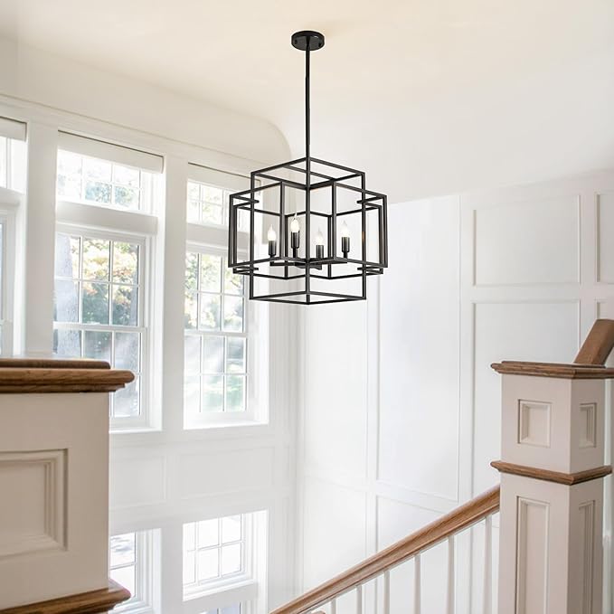 4-Light Farmhouse Chandelier, Industrial Ceiling Foyer Lighting Fixtures Black Lantern Pendant Light, for Dining Room Kitchen Island Entryway Staircase