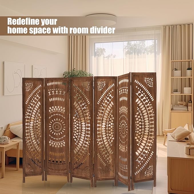 6 Panel Wood Room Divider Fully Assembled, Decorative Room Dividers and Folding Screens, 5.6Ft Room Divider Screen Freestanding Partition Wall Dividers for Home Bedroom Office, Dark Brown
