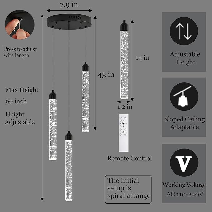 3-Light Modern Dimmable LED Crystal Chandelier - Black Mini Pendant Lighting with Spiral Raindrop/Bubble Cluster Pendant for Kitchen Island, Dining Room, Living Room, Foyer