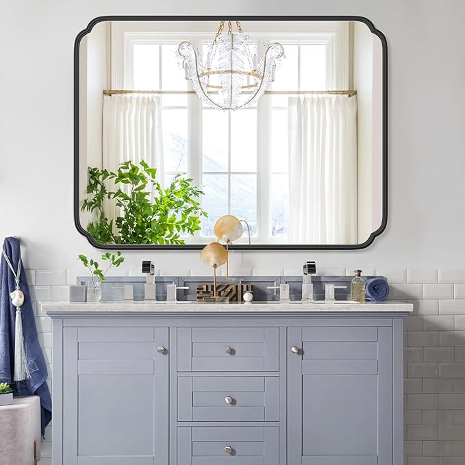 36 x 48 Inch Black Bathroom Vanity Mirror for Wall with Non-Rusting Metal Frame Large Rounded Rectangle Mirror for Over Sink (Horizontal/Vertical)