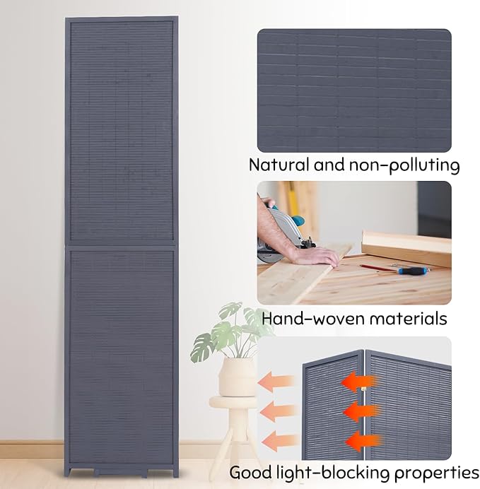 Bamboo Room Divider Folding Privacy Screens, Wall Divider for Room Separation, Portable Room Partitions and Dividers, 5.6FT Bamboo Mesh Woven Room Divider Panel (Grey, 6 Panel)
