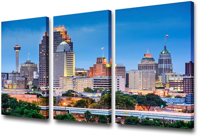 3 Pieces Wall Art Beautiful San Antonio Skyline Canvas Art Paintings for Room Decor Texas Cityscape Skyscrapers Night Scene Picture Prints On Canvas for Home Decor Modern Giclee Framed 24x36inch