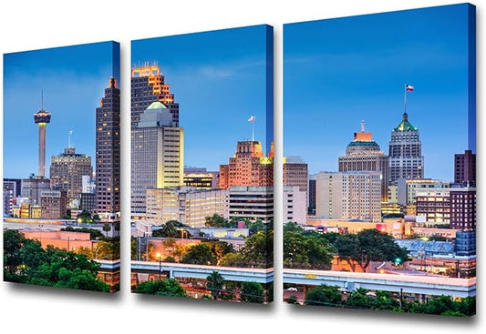3 Pieces Wall Art Beautiful San Antonio Skyline Canvas Art Paintings for Room Decor Texas Cityscape Skyscrapers Night Scene Picture Prints On Canvas for Home Decor Modern Giclee Framed 24x36inch