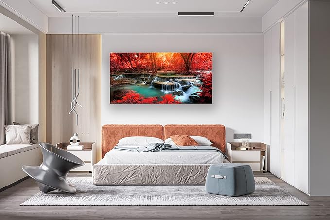 Muolunna BK03962 Wall Art Decor Canvas Print Picture Red Forest Waterfalls 1 Piece Modern Landscape Tree for Living Room Bedroom Kitchen Office Home Decorations Stretched and Framed Ready to Hang