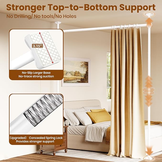 Bonpally Room Divider Curtain Rod, No Drilling Room Separator for Space Partition, 4-10ft (H) 28-70 inch(W) Adjustable Heavy Duty Temporary Wall Divider Floor to Ceiling Tension Rod, White