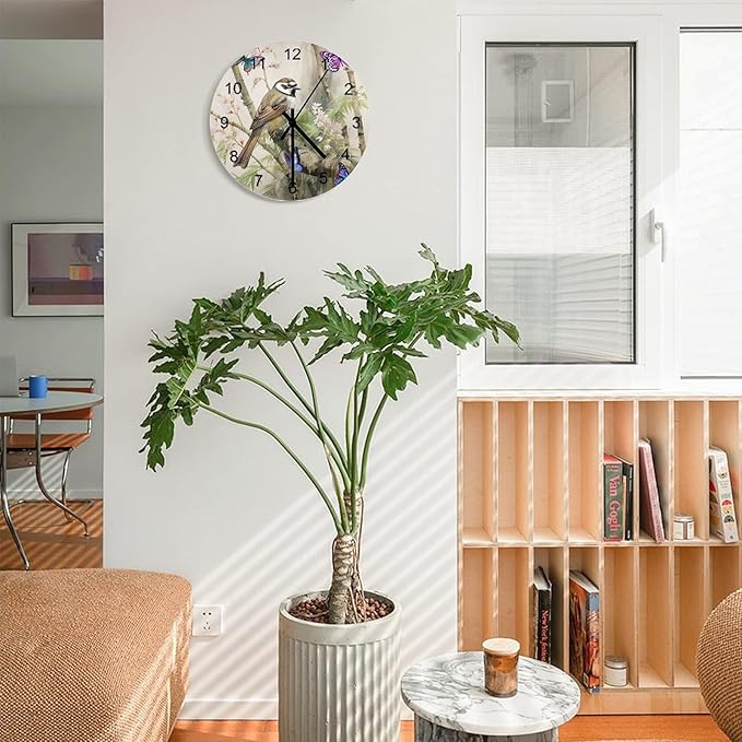 Bird Flower Hummingbird Decorated Round Wall Clock, Retro Watercolor Bamboo Forest Ink-Wash Painting Style Spring Garden Tropical Flower Wooden Silent Wall Clock 12x12INCH