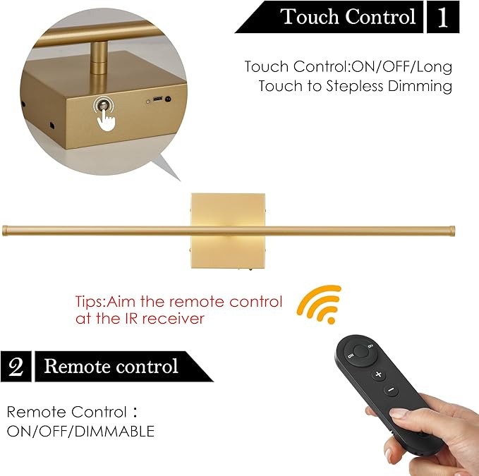 Battery Operated Wall Sconces with Remote Control, Dimmable Wall Sconces Set of Two, 350°Rotate, 3000K LED Gold Wireless Wall Light for Living Room, Hallway, Bedroom, 40.1 Inch (2 Pack)