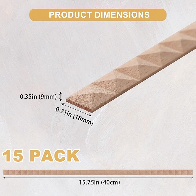 15-Pack 15.75" Unfinished Wood Pyramid Trim - Easy to Paint, Cute Decorative Molding DIY Craft for Furniture Frame, Mirror Edge, Wall, Door, Closet, Dresser, Shelf