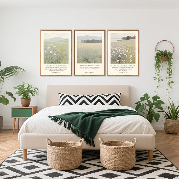 Aurlan Christian Bible Verses Scripture Framed Wall Art(24"x36"), 3PCS Boho Wildflowers Landscape Nature Canvas Artwork, Religious Luke12:27 Psalm46:10 Psalm23:1-2 Jesus Faith Gift Decor for Home Office Bedroom