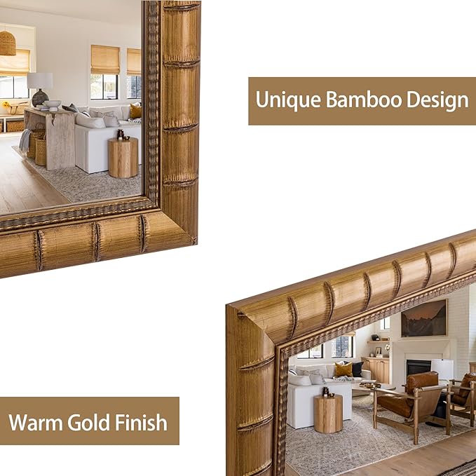 Large Vintage Decorative Mirror for Wall, 53'' x 29'' Antiuqe Warm Gold Living Room Mirrors with Bamboo-Joint Frame, Classic Vintage Gold Wooden Mirror, Horizontal/Vertical