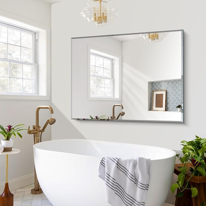 Beveled Bathroom Mirror, 36x48 Inch Large Bathroom Mirrors for Over Sink, Upgraded Shatterproof Beveled Frameless Vanity Mirror for Bathroom,Bedroom,Living Room and Entryway