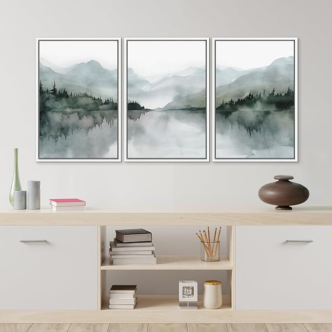 MUDECOR Framed Wall Art Print Set Misty Mountain Lake Watercolor Serene Illustrations Modern Art Boho Decorative Colorful Chic for Living Room, Bedroom, Office - 24"x36"x3 White