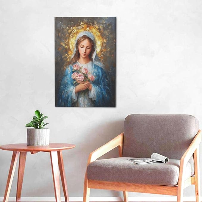 Christian Mary Wall Art Mary Mother Of God Canvas Wall Decor Catholic Blessed Mother with Roses Pictures Christ Paintings Prints Religious Bible Artwork Framed Decorations For Church Prayer Room Chapel Bathroom Bedroom Living Room Gifts 16" x 24"
