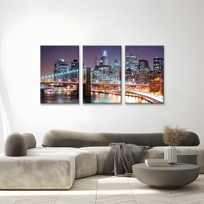 NAN Wind 3Pcs New York City Skyline Canvas Wall Art Brooklyn Bridge Night View Framed Wall Decor Blue Purple Manhattan Urban Cityscape Picture Canvas Artwork Modern Home Decor Living Room Office