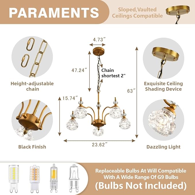 5-Light Vintage Gold Crystal Chandeliers for Dining Room, Antique Victorian Chandelier, Rustic Kitchen Island Light Fixtures, Modern Farmhouse Hanging Pendant Lights for Living Room, Bedroom, Foyer