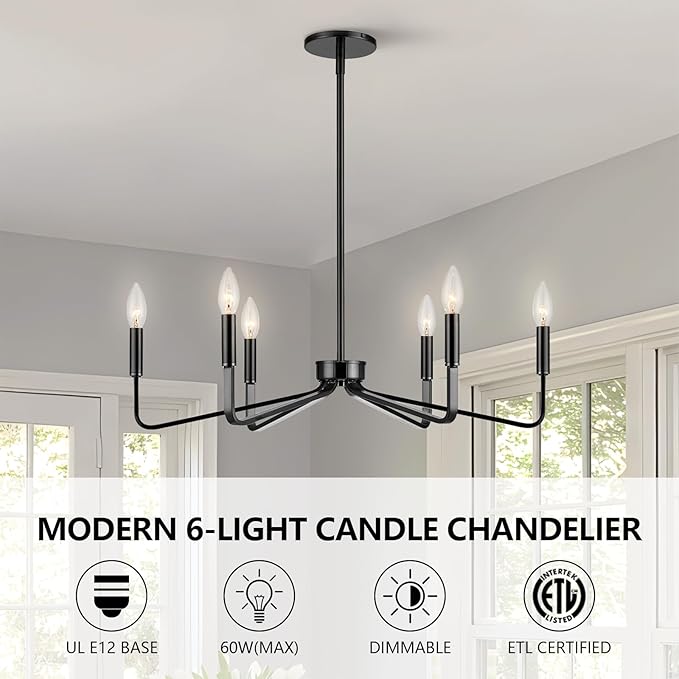 Black Chandelier for Dining Room, 6-Light Farmhouse Kitchen Light Fixtures Over Table, 26" Rustic Candle Chandelier for Bedroom, Foyer, Hall, Living Room, Entryway