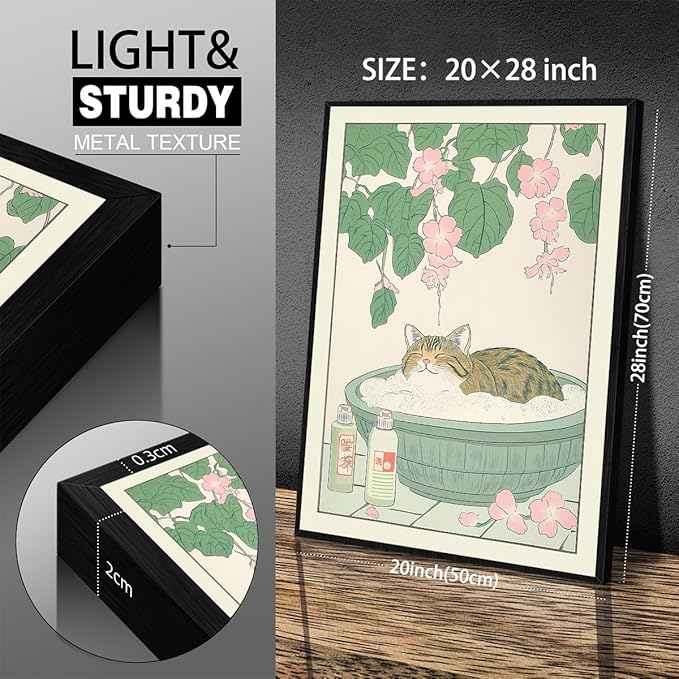 Black Framed Canvas Wall Art Posters Tabby Cat In Bathtub Prints Rustic Neutral Japanese Cute Restroom Animal Painting Funny Japan Cat for Bedroom Living Room Bathroom 20x28in