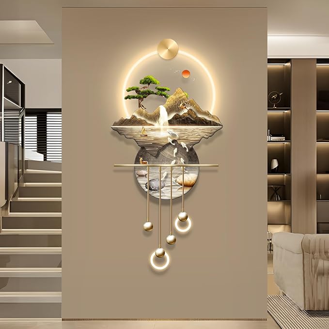 LED Light Decor Wall Art, 3D Art Wall Decor with Light, Decors Walls Sculptures Large 3D Art, Decors Walls Sculptures Lighting Modern, Plug-in Power Supply, Gold F, 23x53IN