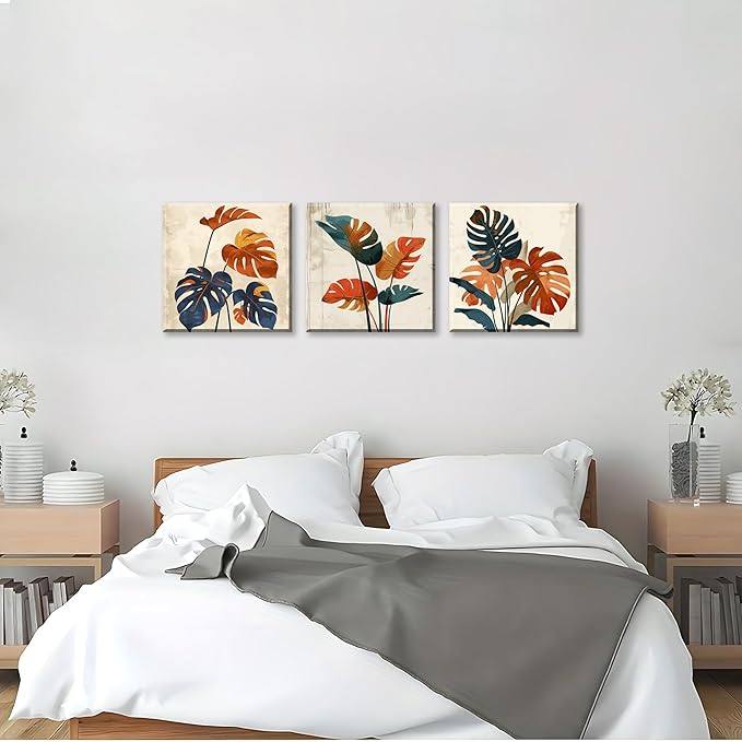 NAN Wind 3Pcs Modern Mid-century Abstract Tropical Monstera Leaf Canvas Art Orange and Blue Botanical Wall Print Minimalist Wall Decor Tropical Leaves Framed Wall Art for Contemporary Home Decor