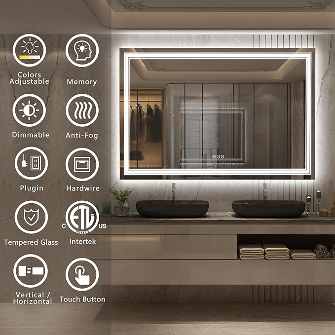 66x40 LED Bathroom Mirror, Lighted Mirror for Bathroom Wall, Backlit and Front lit, Dimmable, Anti-Fog, Shatterpoof, Memory (Horizontal/Vertical)