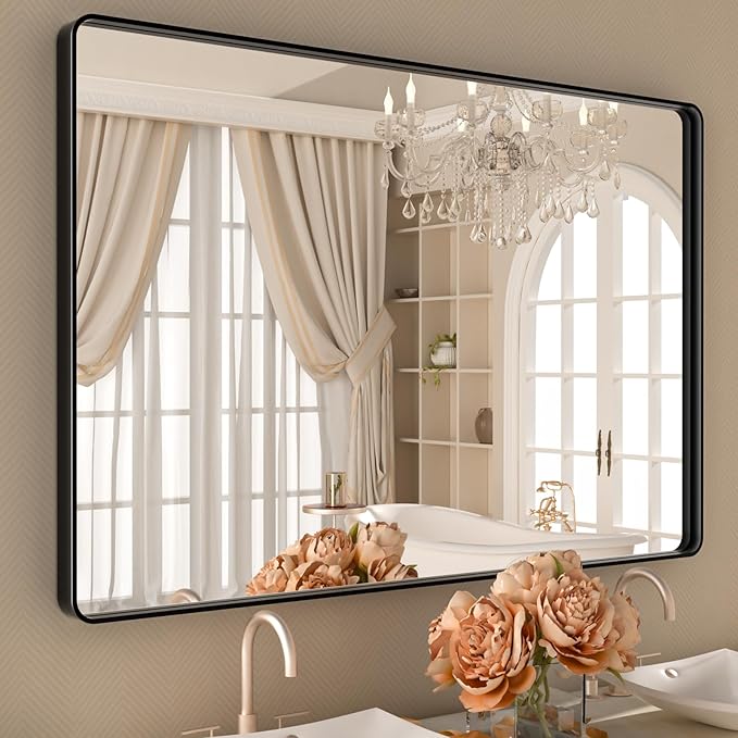 Black Bathroom Vanity Mirror 48x32 Inch,Rounded Rectangle Matte Black Mirror for Wall,Black Matel Frame Mirror for Bathrooom,Farmhouse,Tempered Glass,Horizontal or Vertical