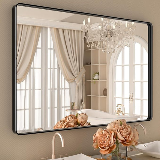 Black Bathroom Vanity Mirror 48x32 Inch,Rounded Rectangle Matte Black Mirror for Wall,Black Matel Frame Mirror for Bathrooom,Farmhouse,Tempered Glass,Horizontal or Vertical