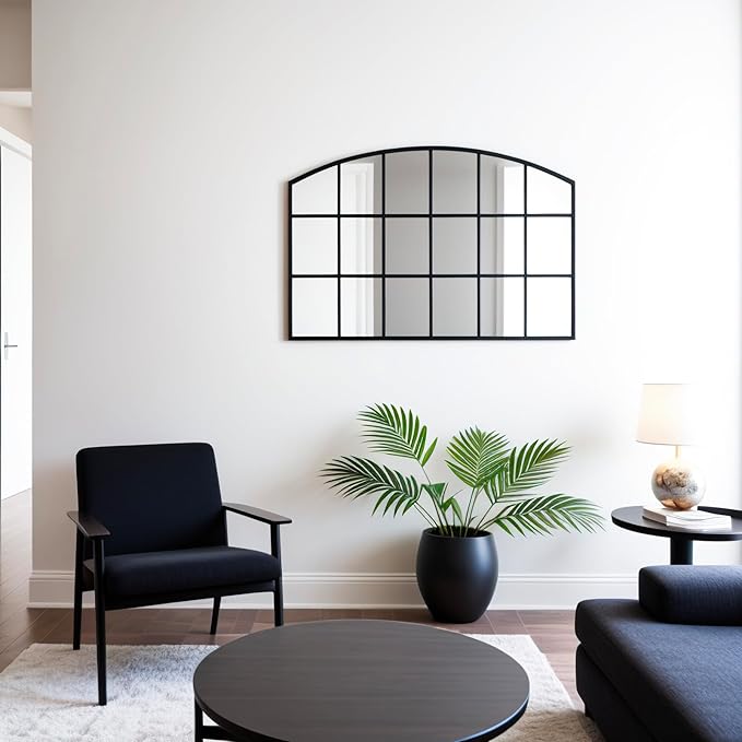 Arch Windowpane Wall Mirror,42x28 Wide Arched Mantel Farmhouse Black Window Pane Mirror for Bathroom,Entryway,Hallway,Living Room,Fireplace