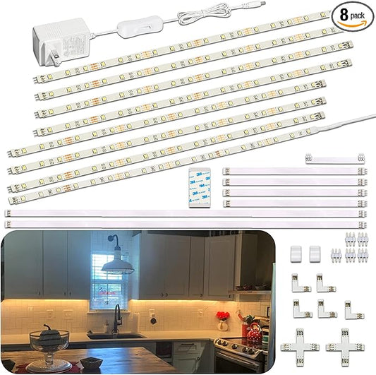 WOBANE Under Cabinet Lighting Kit,8PCS 12 inch Led Light Bars,Under Counter Lights for Kitchen,Cupboard,Desk,Bookcase,Shelf,Showcase Display,DIY Tape Light,Variety Connectors,1200lm,2700K WarmWhite