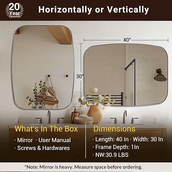 ANDY STAR 30x40 Chrome Bathroom Mirror, Oblong Silver Mirror with Stainless Steel Metal Frame, Oval Vanity Mirror for Over Sink, Modern Anti Rust Wall Mounted