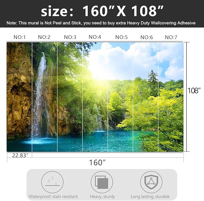 -Green Lake Waterfall Scenery Fabric Wallpaper Living Room Woodland Forest Mountain Bedroom Bathroom Large Wall Mural- 160"x108"（ not Peel and Stick）