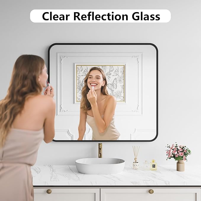 Koonmi Bathroom Mirror, 36X40 Inch Black Metal Framed Mirror for Bathroom, Tempered Glass, Anti-Rust, Rounded Rectangle Mirror for Restroom, Bedroom, Black