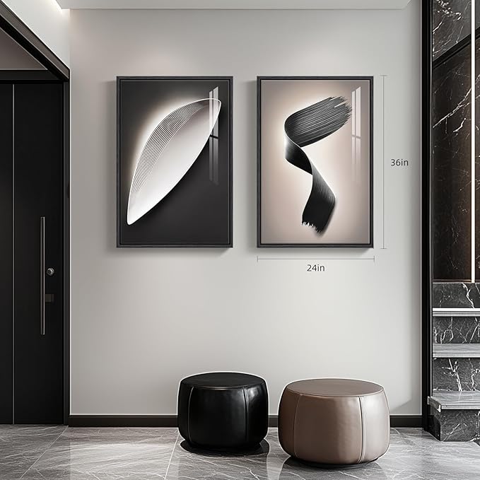 Large Framed Modern Wall Art 3 Piece Set, Black and White Abstract Paintings Artwork, Contemporary Trendy Geometric Luxury Bright Style Pictures Prints for Living Room Hallway and Office 24x36 Inch