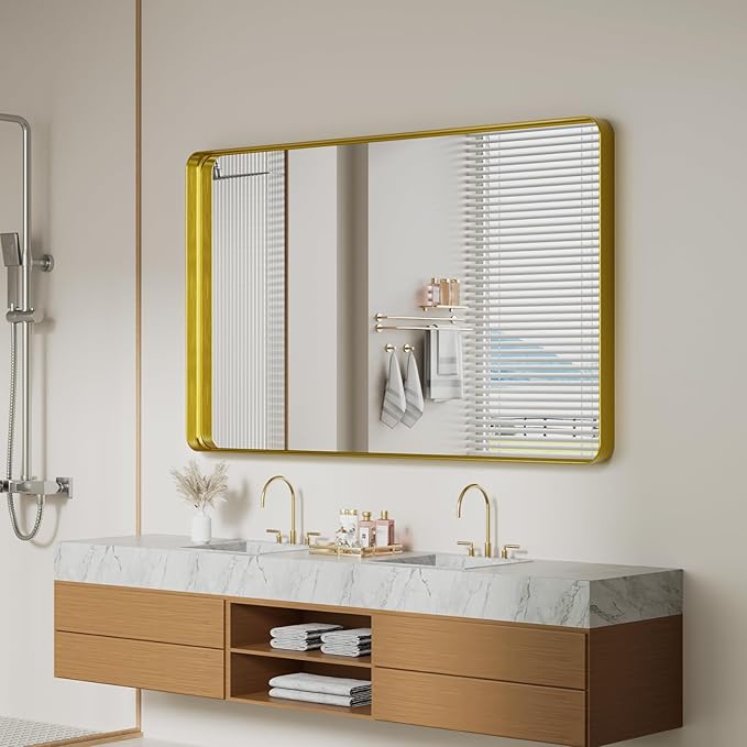 Koonmi Gold Wall Mirror for Bathroom, 36x60 Inch Matte Deep Framed Rounded Rectangle Vanity Mirror for Farmhouse Living Room, Tempered Glass, Anti-Rust, Vertically or Horizontally