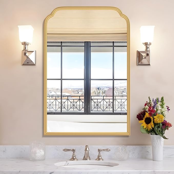 20X30 Inch Gold Bathroom Mirror for Wall, Modern Rounded Corner Rectangle Mirror with Non-Rusting Iron Metal Framed Bathroom Vanity Mirror for Over Sink Wall Decor(Tempered Glass)
