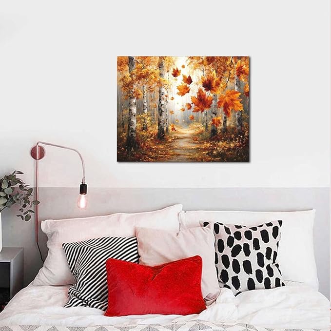 Maple Leaves Wall Art Fall Tree Wall Decor Maple Tree Pictures Forest Landcape Canvas Painting Prints Artwork Decorations for Living Room Bedroom Bathroom 16”X20”