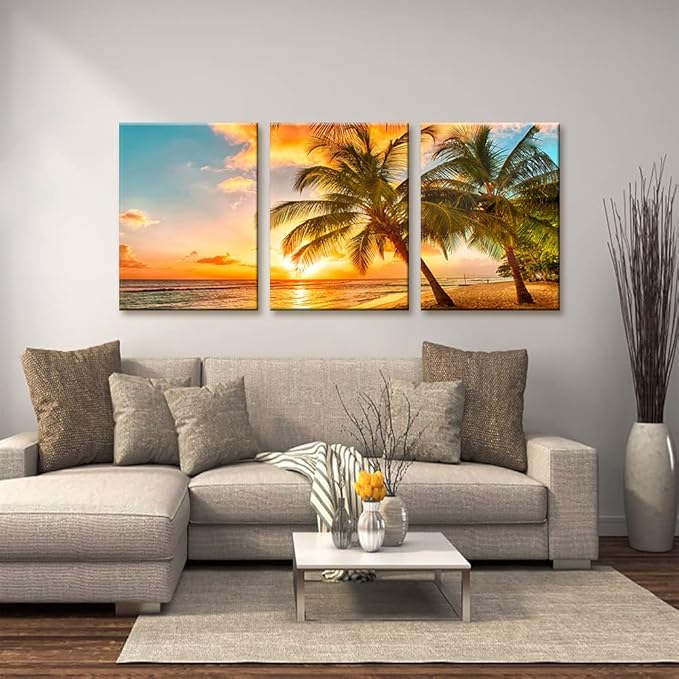 3 Panels Sea Landscape Modern Wall Art Ocean Sunset Canvas Prints Sea Beach Pictures Painting on Canvas Wall Art for Home Decor Gallery Wrapped Tropical Scenery Seascape Giclee Artwork - 12"x16"x3