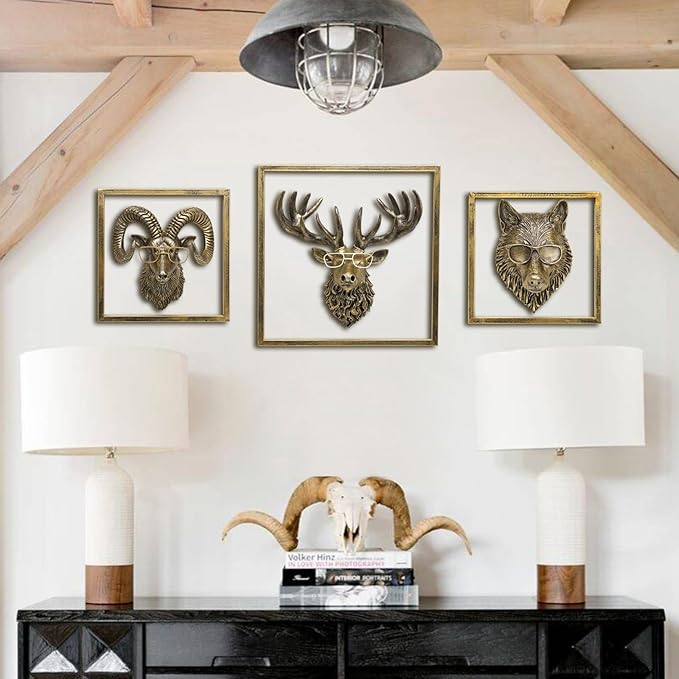 JJALIGHTS Animal Heads Wall Decor (Includes Metal Frame) Resin Animals Sculptures Head Wall Hanging Decoration Imitation Copper vintage Wall Sculpture for Living Room Bedroom Office (Wolf)