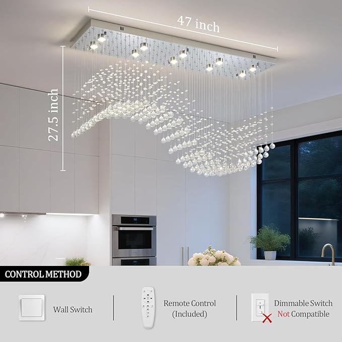Modern Rectangle Crystal Raindrop Chandelier: 47" Long Chrome Dimmable Led High Ceiling Chandeliers with Remote - Silver Wave Raindrop Flush Mount Ceiling Light Fixture for Dining Living Room Kitchen