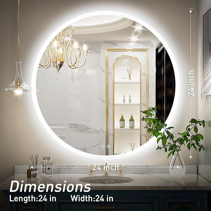 24 Inch Round LED Bathroom Mirror - 6000K Daylight Backlit, Anti-Fog & Dimmable, Frameless Waterproof Mirror with Touch Control, CRI90+, IP54 for Vanity & Makeup