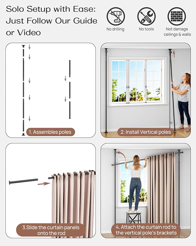 ALLZONE Partition Room Divider Curtain Rod, Adjustable Wall Divider for Room Separation, 63 to 130inch(H) & 31 to 135inch(W), No Drill, Three Mounting Options, Ideal for Creating Privacy Space, Black