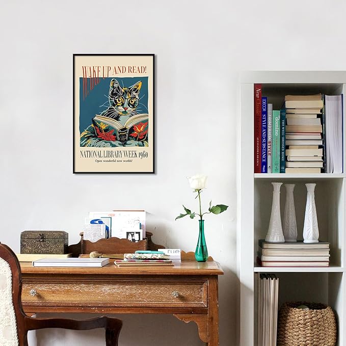 Cat and Book Poster, Wake Up and Read Inspiring Wall Art Canvas, Retro 1960 National Library Week Wall Art, Reading Art for Book Lover, Classic Gallery Wall Decor 12x16in Framed
